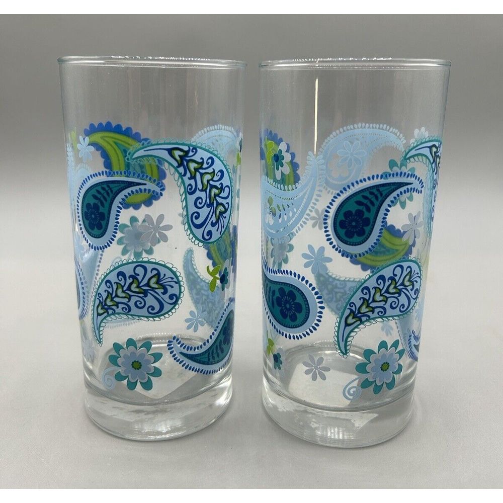 CRISA LIBBEY Paisley GLASS Blue Green White TUMBLERS set of 2 NEW‎ OLD STOCK